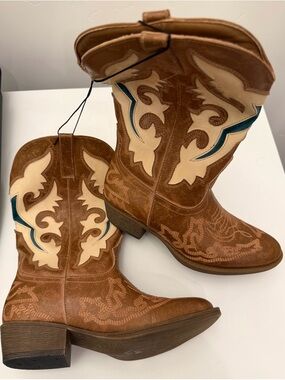 Stampede Brown Suede Cowboy Boots with Cream & Teal Inlay